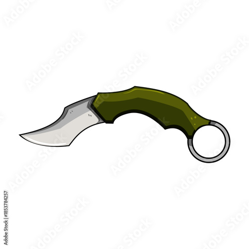 Isolated karambit knife illustration showing a sharp curved blade, a green handle, and a finger guard ring, ideal for concepts of combat, security, and gaming elements