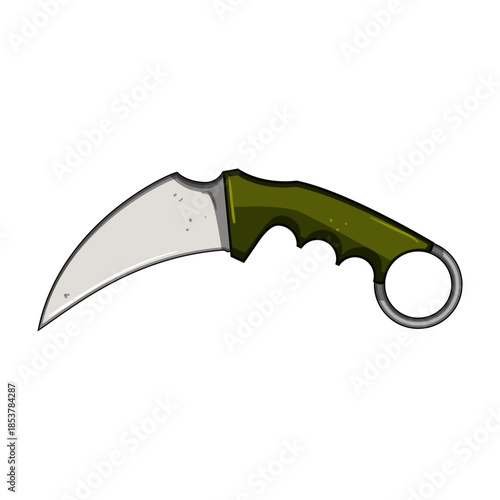 Karambit knife drawing featuring a curved blade and green handle with a finger ring, symbolizing stealth, self defense, and tactical gaming concepts on a white background