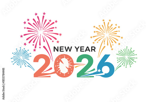 Festive 2026 New Year celebration design featuring colorful fireworks explosions and modern typography, symbolizing joy and anticipation for the upcoming year