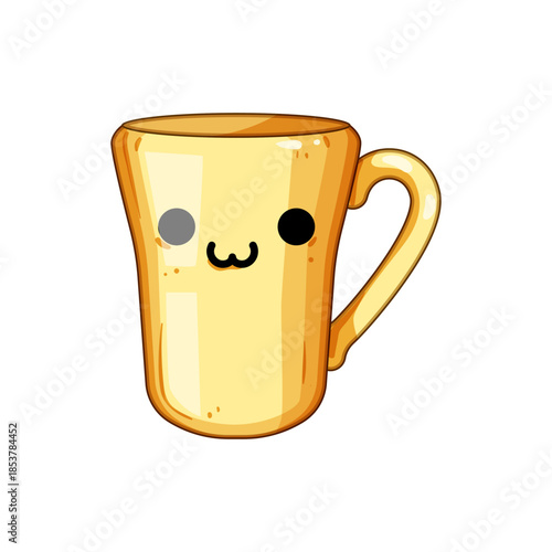 Cartoon illustration featuring a friendly and happy yellow mug with a charming kawaii face, perfect for designs conveying warmth, joy, and beverage themes