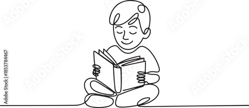 continuous line of boy reading a book sitting on the floor.one line drawing of happy boy studying. one line Icon drawing