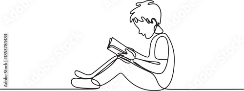 continuous line of boy reading a book sitting on the floor.one line drawing of happy boy studying. one line Icon drawing