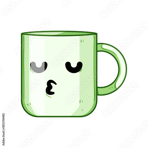 Green ceramic mug with handle showing a sweet kawaii face blowing a kiss, cute cartoon expression for coffee or tea, charming breakfast cup illustration conveying affection