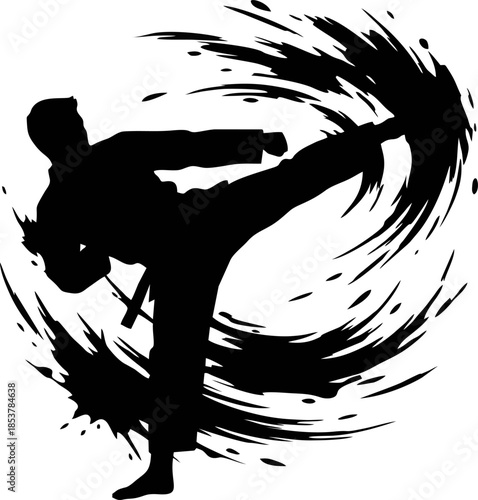 Taekwondo Spinning Kick Silhouette. Rotating Ink Splatter Vector for Asian Games 2026