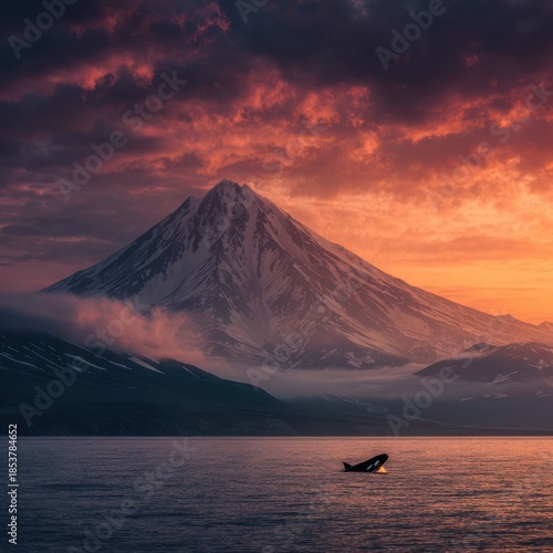 Killer Whale Swimming Near Snow Covered Mountain at Sunset