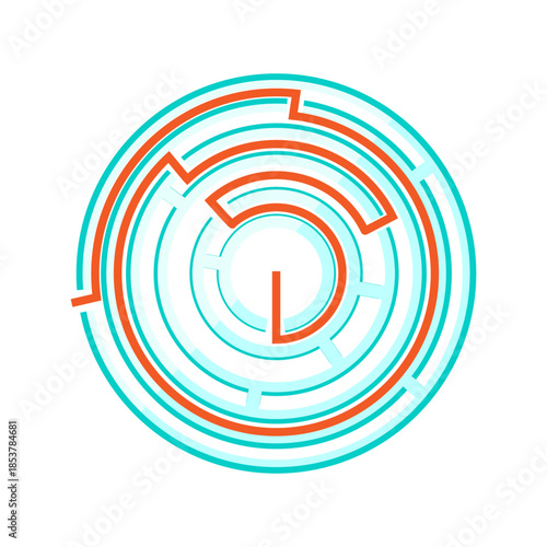 Circular labyrinth maze illustration presenting a clear orange path leading from the outer edge to the center. Symbolizing strategy. Problem solving. Navigation. And finding the correct way or answer