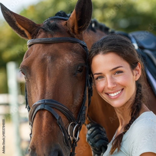 Smiling Young Woman Hugging Brown Horse with Bridle Outdoor