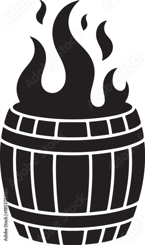 Black silhouette of a burning whisky barrel icon