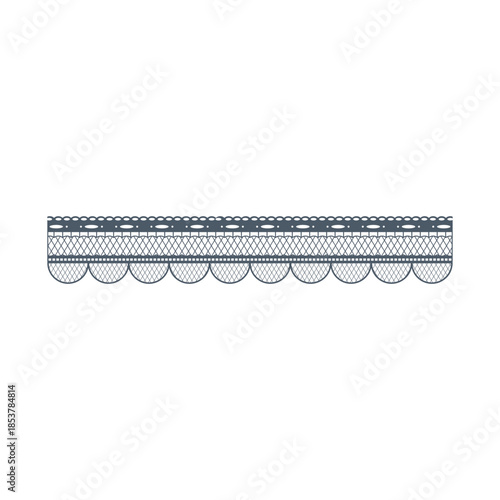 Dark grey lace trim border with a delicate floral and geometric pattern and scalloped edge, providing a classic decorative element for textiles and fashion designs