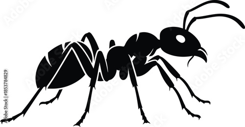 Simple black silhouette of an ant with visible legs and antennae