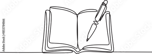 continuous line drawing of open book and pen.one line vector drawing of book and pen. concept of education in one line vector. one line Icon drawing