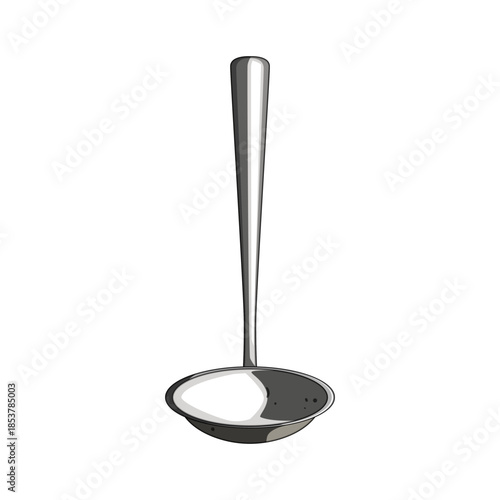Kitchen ladle made of stainless steel for serving soups and sauces, culinary utensil and kitchenware on clean white background, isolated silhouette for food service use