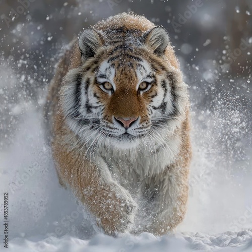 Focused Tiger Running Through Snowy Landscape Animal Wildlife Portrait