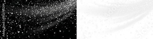 Realistic snowing effect with flying snowflake, dynamic snowfall in strong wind. Glowing bokeh light, lens flare, twist, swirl dust particles, dramatic storm png overlay. Frosty sparkles cold blizzard