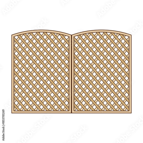 Wooden lattice fence panels with arched tops create decorative garden screens, offering privacy, structure and support for climbing plants while casting slatted shadows on yard surfaces