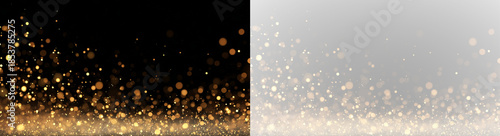 Golden yellow dust particles drift through soft bokeh and blur with sparkle, glitter, shimmer, glow tail, filled with twinkle, sparks, and radiant highlights line for Christmas and New Year. PNG.