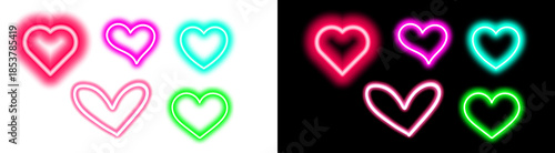Photography collection of vibrant neon glow heart icons in various pink, cyan, and green sha
