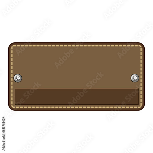 Brown leather patch providing a customizable space for branding, featuring decorative stitching along the border and two metal rivets, perfect for apparel labeling or design elements