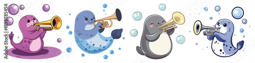 World Animal Day Seal playing trumpet in a bubble band flat vector with white background in graphics design vector style