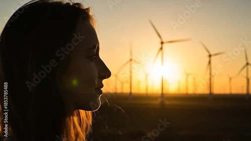 Young woman watching wind turbines at golden sunset, peaceful mindfulness.