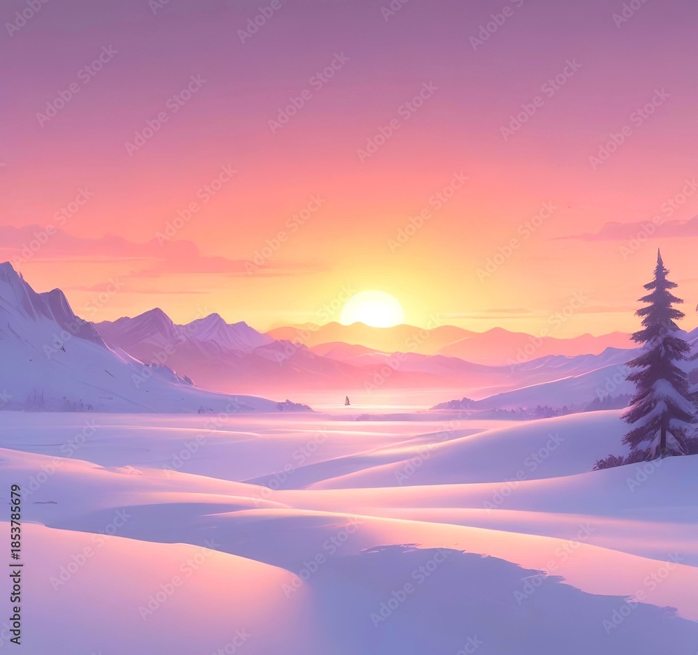 Obraz premium Minimal New Year winter background, snow-covered hills, sunrise glow, soft gradients, peaceful mood
