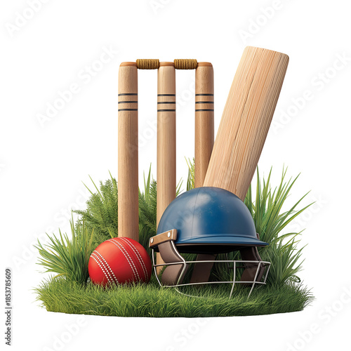 Realistic 3d rendering of essential cricket equipment including wooden stumps a bat helmet and red ball resting on green grass on transparent background
