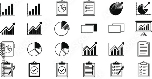 Set of business data and analytics icons featuring growth bar charts upward trend graphs pie charts clipboard checklists and presentation boards isolated on white background flat vector illustration