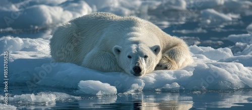Resting White Polar Bear on Ice Floe in Arctic Environment