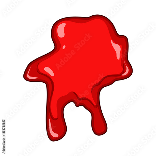 Red glossy liquid blob dripping into an irregular juicy splash, creating a messy abstract fluid shape with glossy highlights and translucent edges on a clean white background