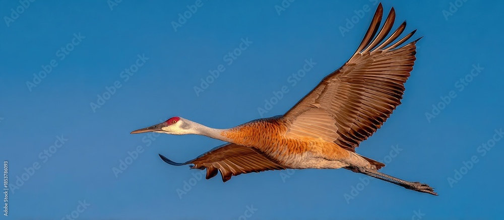 Fototapeta premium Elegant Sandhill Crane Flying Against Vivid Blue Sky