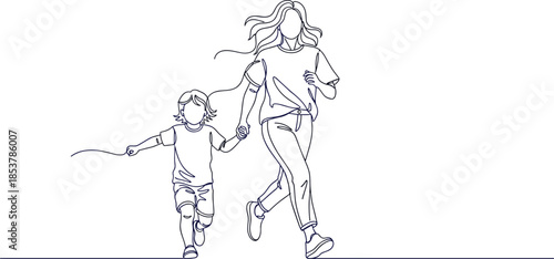 Running together line art, adult child, minimalist motion, playful bond, family activity, dynamic sketch, outdoor joy, hand holding illustration