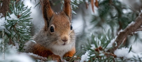 Alert Squirrel with Reddish Fur Perched on Snowy Green Branch in Winter