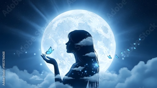 Fantasy night dream and feminine beauty. Spiritual connection and inner peace. Silhouette of a woman with butterflies against a giant glowing full moon and clouds