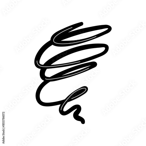 Black line illustration of a swirling tornado vortex, minimalist spiral and loop line art conveying motion, energy, rotation and stormy wind in a simple black and white vector style