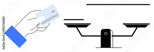 Financial services, online transactions, economic decisions, digital payment, wealth management, legal equity. Hand holding a card next to balance scales. Digital payment and financial services