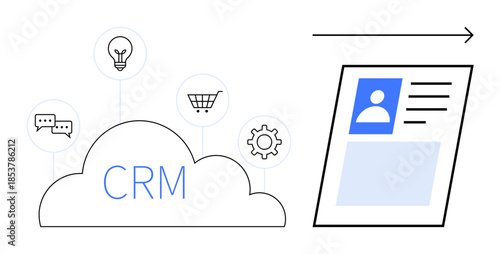 CRM concept. CRM platform with icons communication, e-commerce, and workflow integration. CRM improving customer management effectiveness. Perfect for business, marketing, analytics, sales