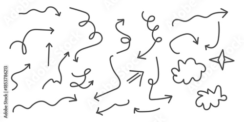 Collection of various hand drawn arrows and squiggles on a white background