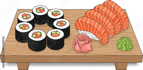 Sushi board illustration, maki rolls, salmon nigiri, Japanese cuisine, food art, wooden platter, wasabi garnish, traditional dish, seafood presentation