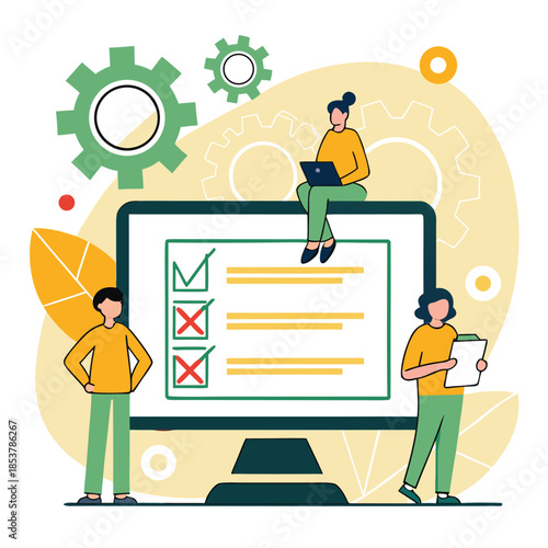 Three people working on a large computer with checklist on screen and gear icons around them in a modern office