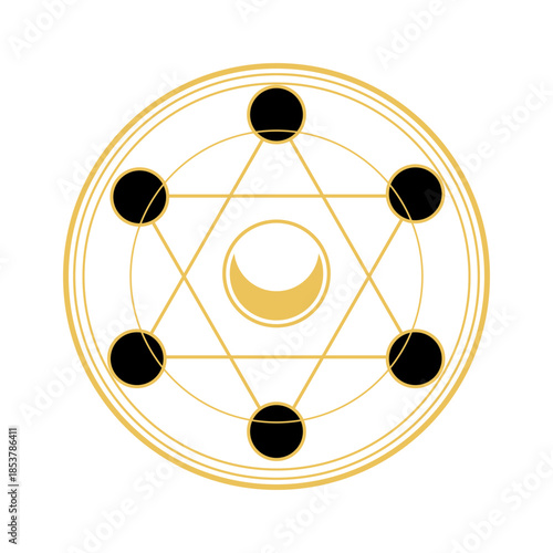 Gold line art geometric symbol showcasing a six pointed star, surrounded by circles representing moon phases, and a crescent moon in the center, embodying magic, spirituality, and alchemy