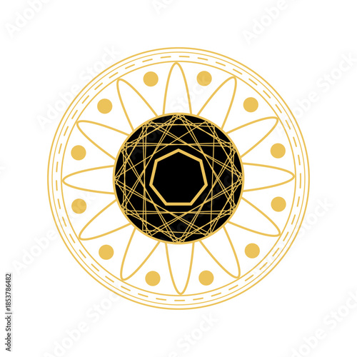 Intricate magic circle symbol featuring a central black octagon, complex golden lines forming star like patterns, and decorative outer rings, representing spiritual harmony and protection