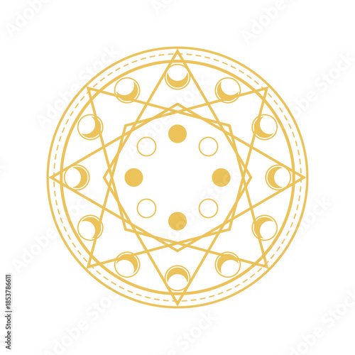 Golden magic circle symbol showing a complex esoteric design with celestial elements, representing mystical rituals, spirituality, and ancient occult concepts