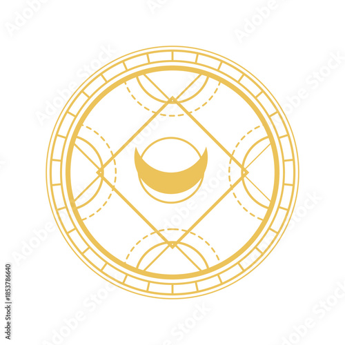 Golden magic circle symbol isolated on a white background, featuring mystic geometric patterns, a central crescent element, and occult lines, representing spirituality and ancient lore