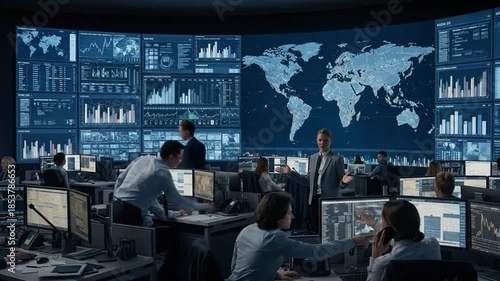 Newsroom reporters coordinating global coverage on massive digital screens.
