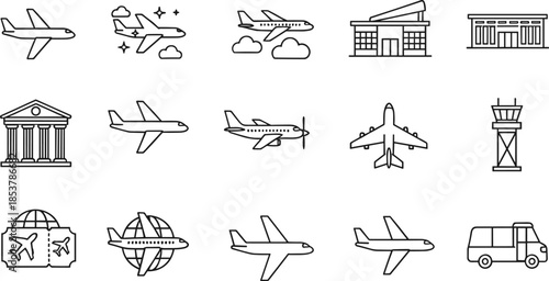 Set of thin line aviation icons featuring various airplane designs airport terminal buildings control towers flight tickets and global travel symbols isolated on white background vector illustration