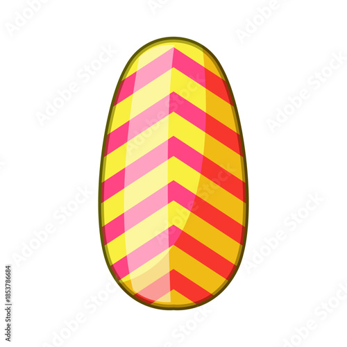 Decorated artificial nail tip featuring a vibrant chevron pattern in yellow, pink, and red colors, representing modern beauty, fashion, and creative self expression in manicure art