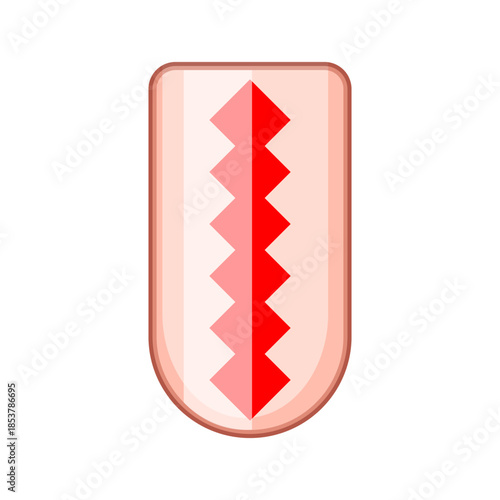 Stylized fingernail with modern geometric red and pink zig zag pattern on white background, isolated vector style manicure illustration ideal for beauty, fashion, and salon use