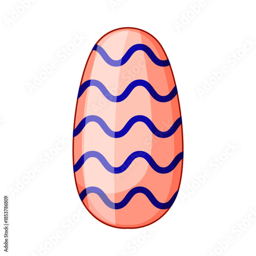 Reddish pink fingernail with glossy blue wavy stripes on white background, modern minimalist nail art concept showcasing trendy striped manicure, clean salon ready style