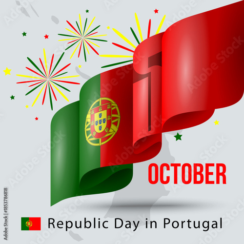 Banner, greeting card for Republic Day. Wavy Portuguese flag in honor of the national holiday on October 5th. Greeting card, banner, and vector illustration for Republic Day in Portugal