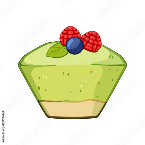Green matcha flavored dessert showcasing a creamy texture and layered base, garnished with red raspberries, a blue blueberry, and a vibrant green mint leaf, all against a clean white background
